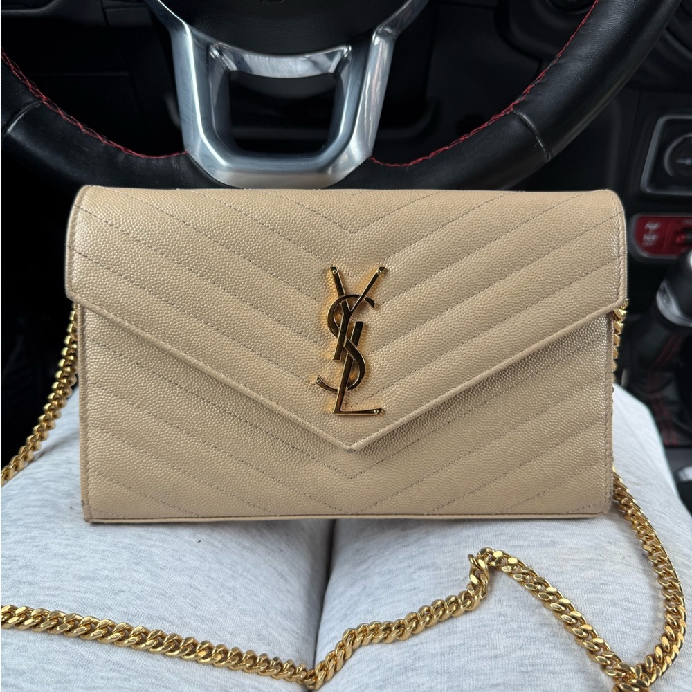Yves Saint Laurent Beige Clutch with Gold Chain